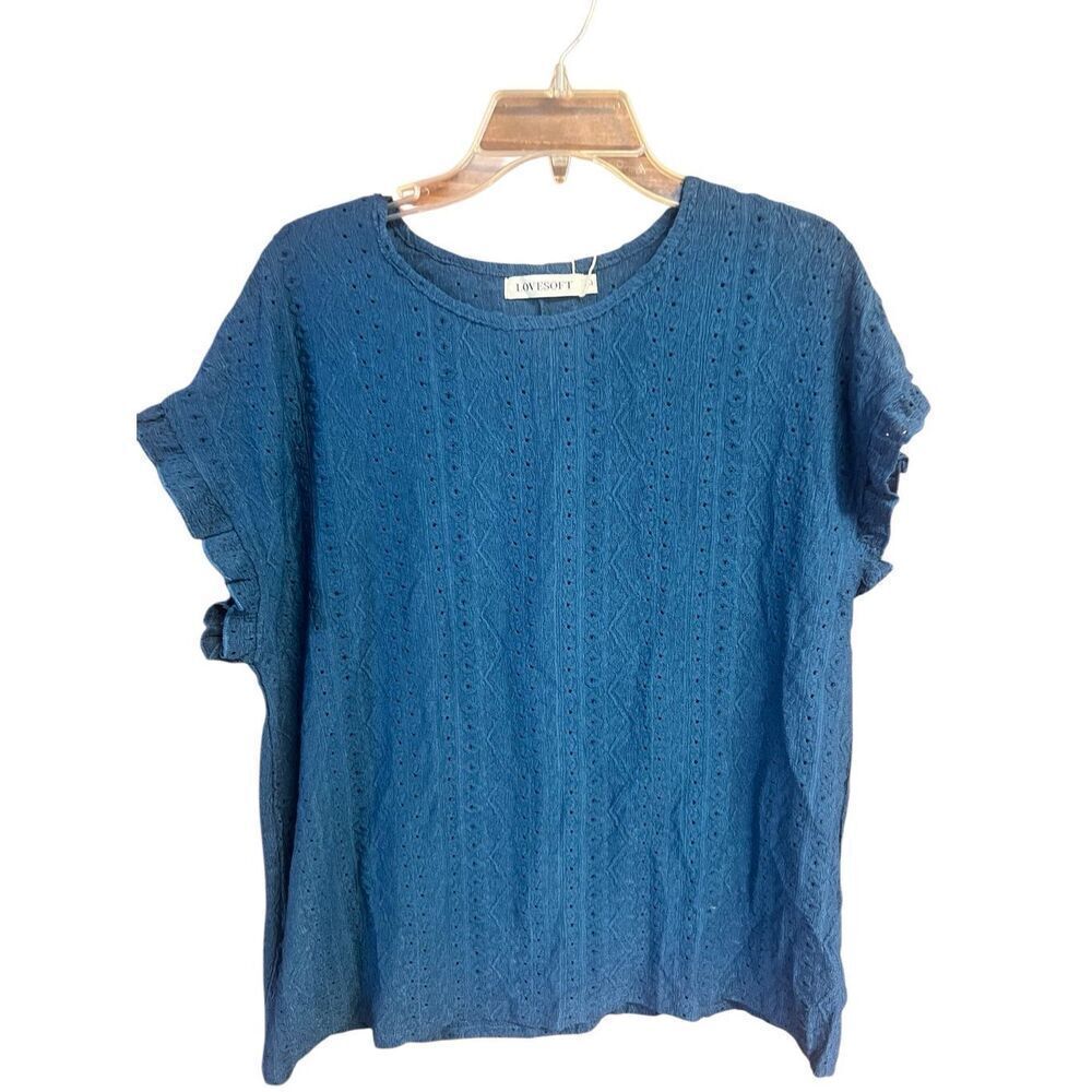 Lovesoft Pullover Eyelet Blouse Sz L Bluish Green NWT